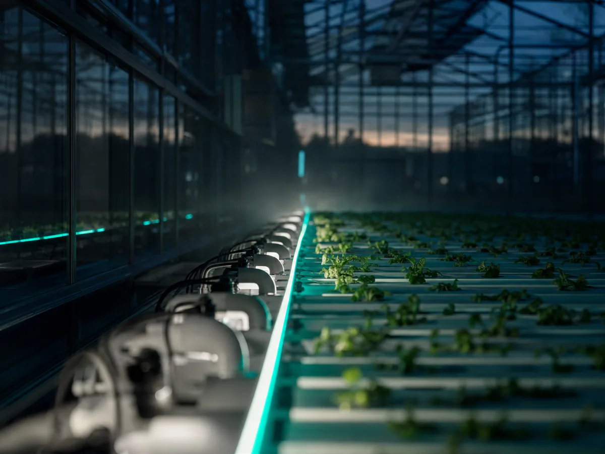 Refrigerated produce store with a wall-mounted temperature sensor module in the foreground