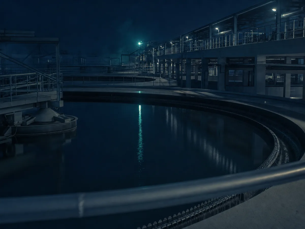 Water treatment aeration basin at dawn with an in-line monitoring probe