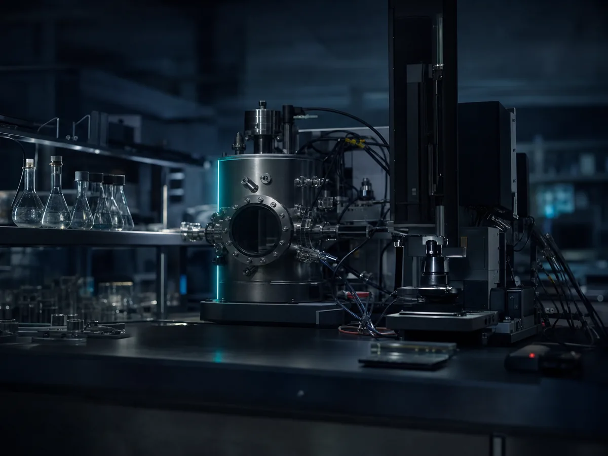 Two researchers examining a circuit-board prototype under a bench lamp in a university engineering laboratory